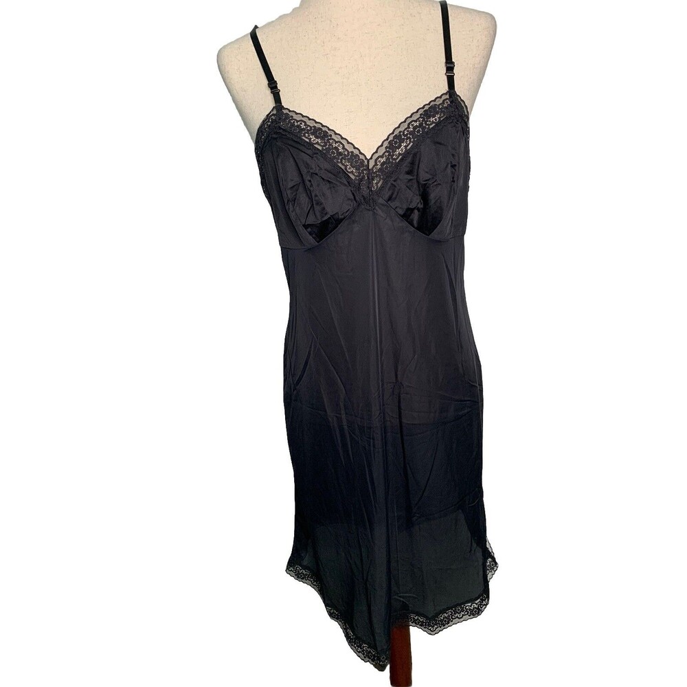 NEW Vintage Vanity Black Silky Nylon w/ Lace Full Slip Lingerie Sz 36
